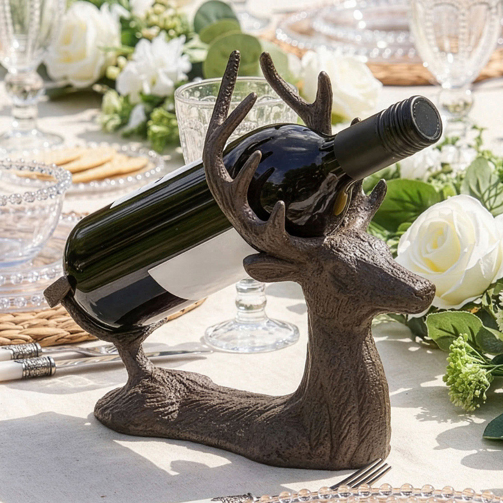 Dibor Antique Brown Cast Iron Stag Wine Bottle Holder Image 2