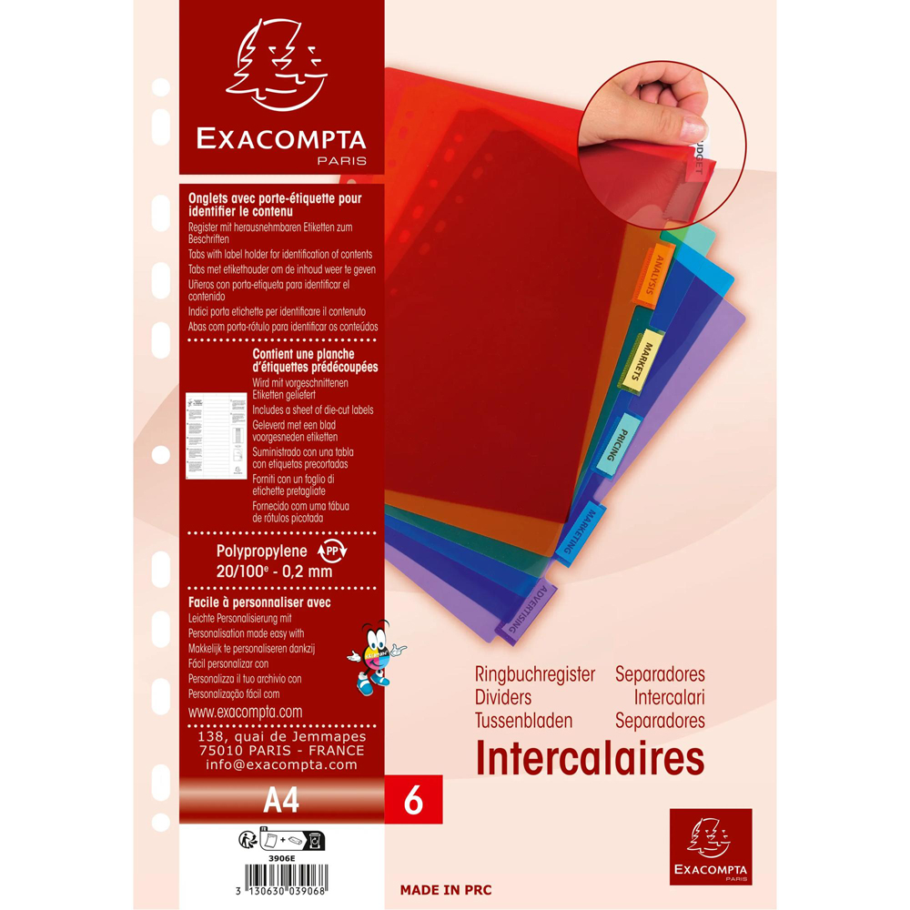 Exacompta A4 6 Section Assorted Colour Polypropylene Divider 10 Pack Image 3