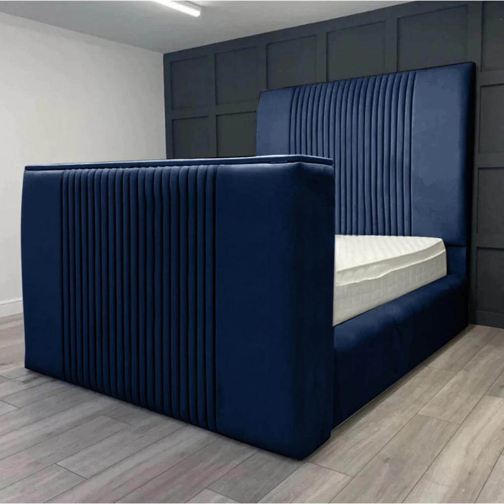 Eleganza Home Emri Super King Size Blue Plush Velvet TV Bed Frame with Lined Headboard Image 1