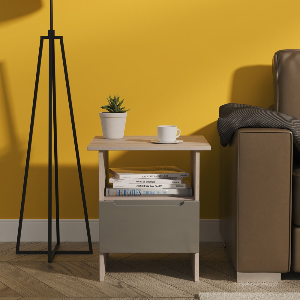 Crowndale Milan Single Drawer Single Shelf Grey Gloss and Grey Oak Lamp Table Ready Assembled Image 7