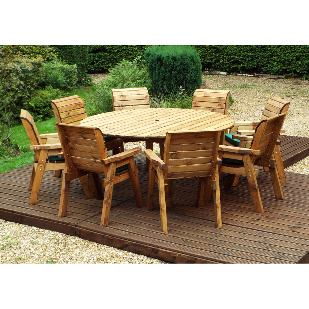 Charles Taylor Solid Wood 8 Seater Round Outdoor Dining Set with Green Cushions Image 3