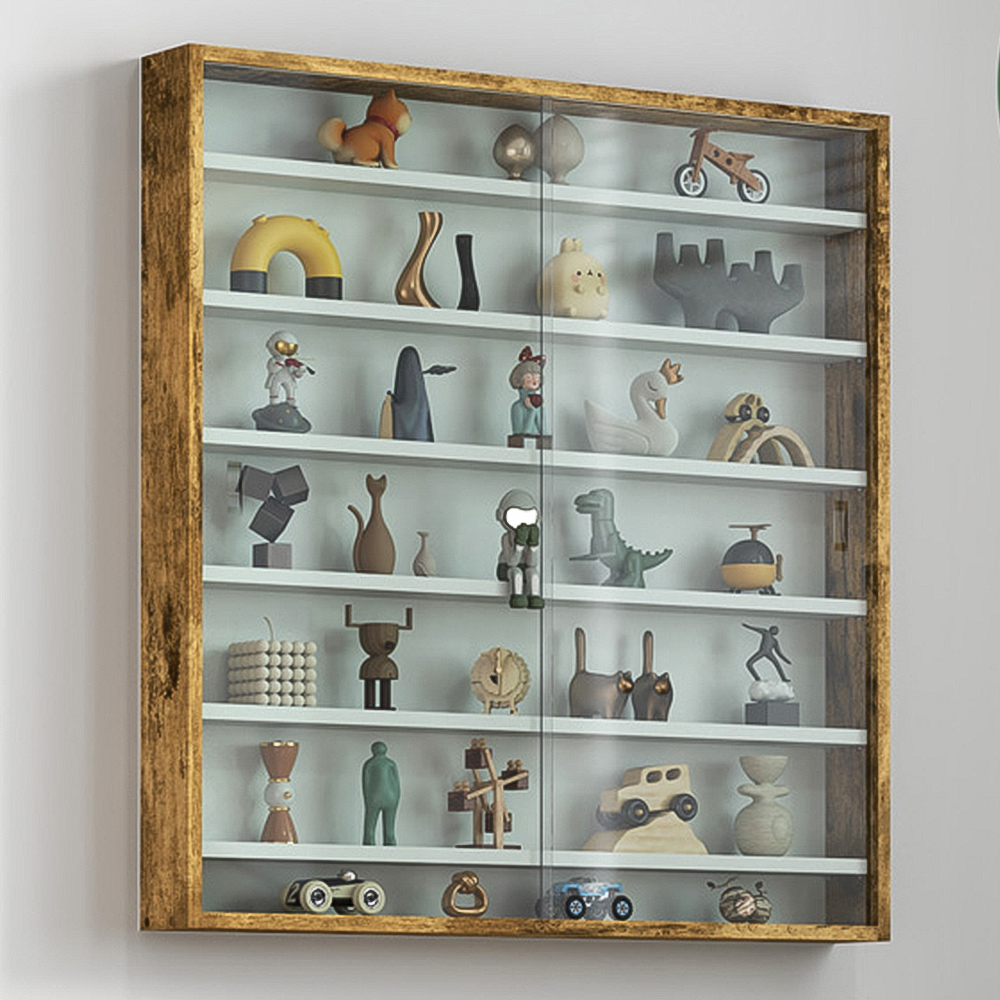 HOMCOM 7 Shelf Rustic Brown Wall Display Cabinet Image 1