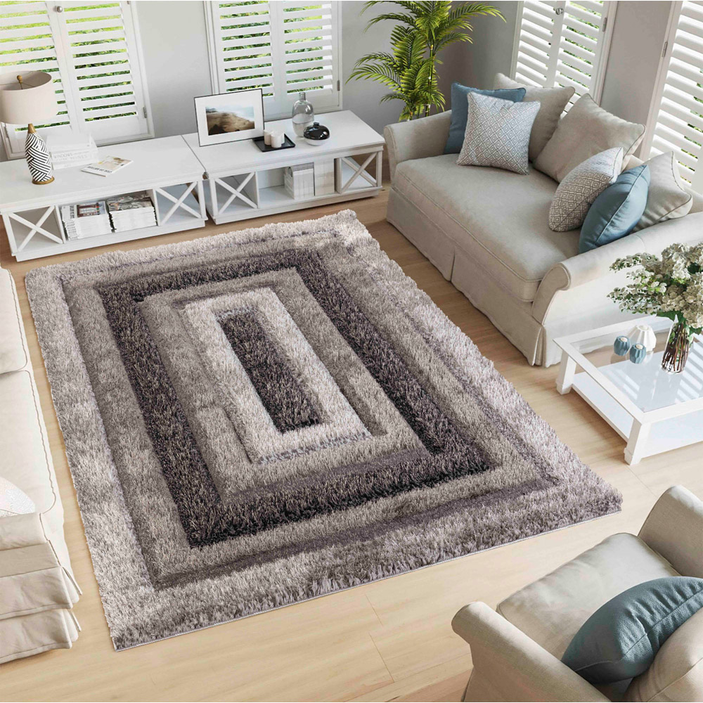 Desire Rug Modern Grey Bordered Shimmer Soft Shaggy Area Rug 160 x 230cm Image 2