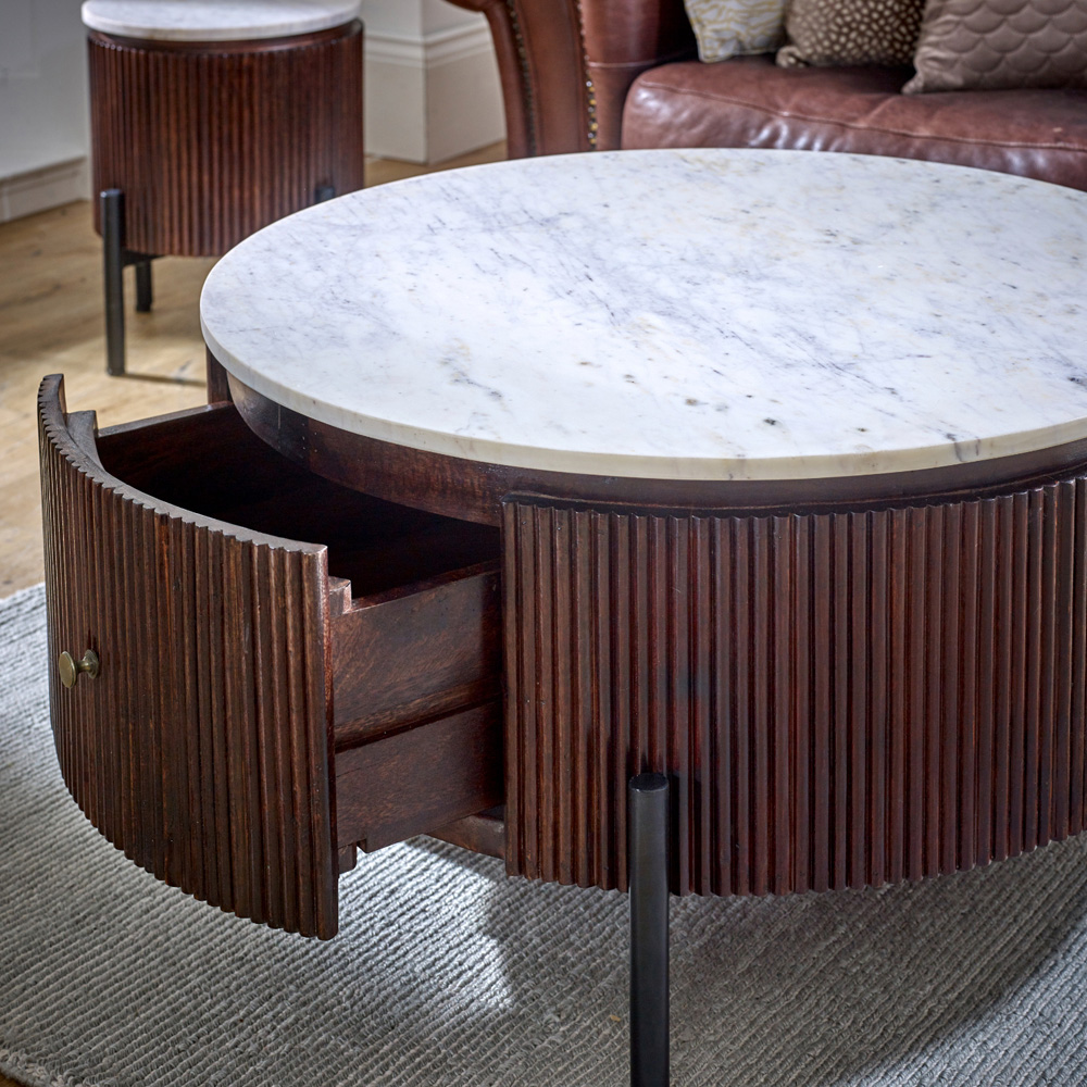 Brooklyn Opal Single Drawer Marble Top Mango Wood Round Fluted Coffee Table Image 3