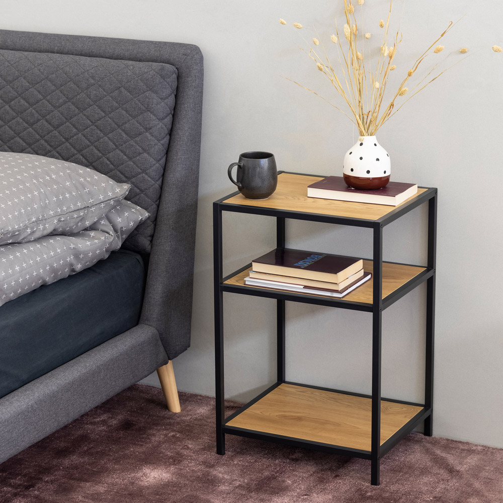 Florence Seaford 2 Shelf Oak and Black Metal Bedside Table Image 4