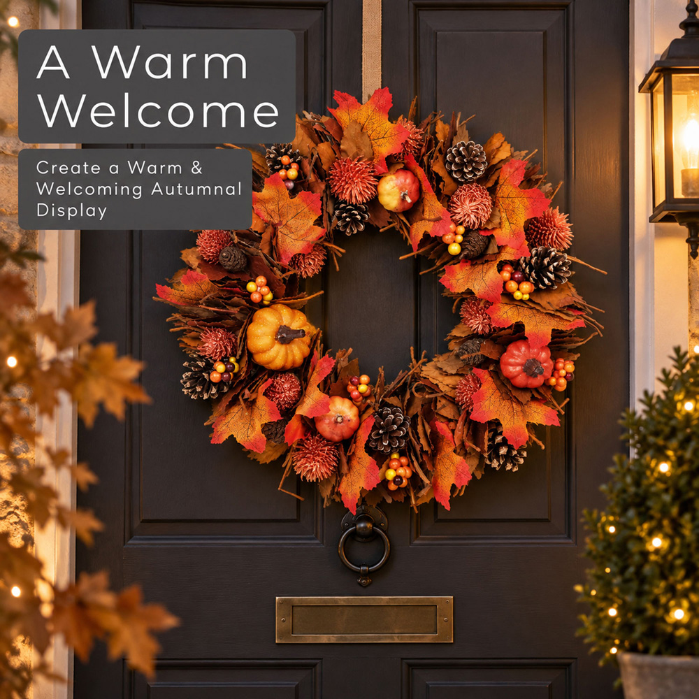 Neo Orange Artificial Autumn Wreath with Maple Leaves and Pumpkins 50cm Image 4