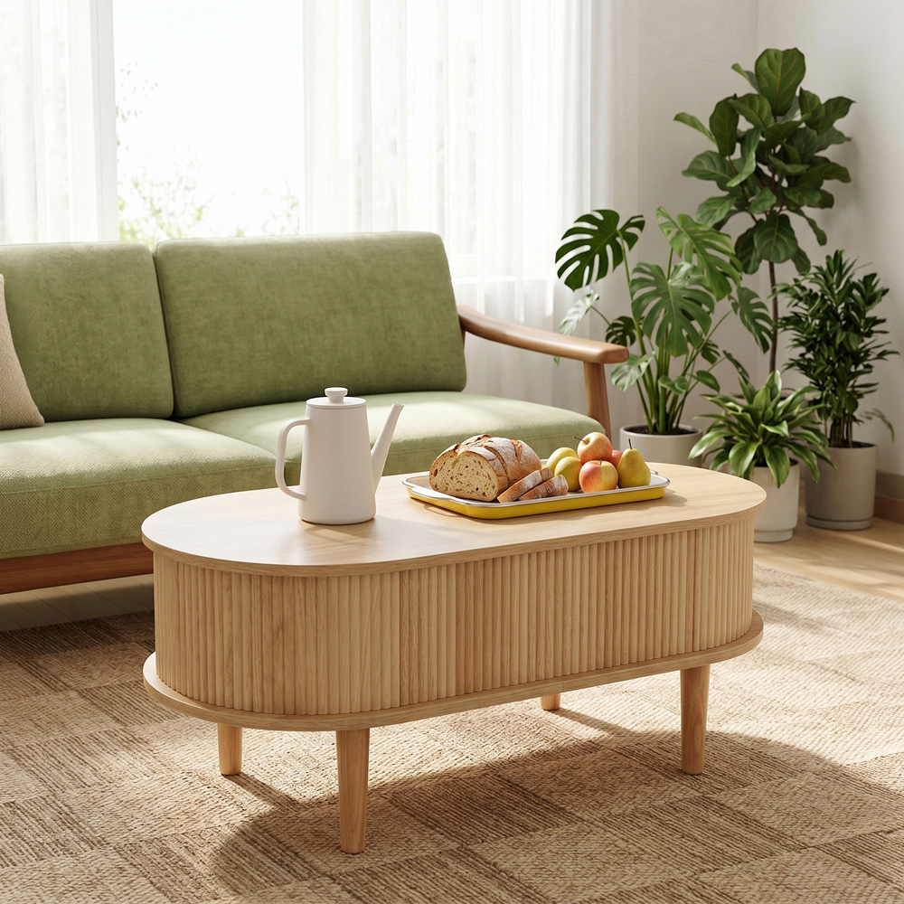 Living and Home Natural Oval Lift-Top Coffee Table with Hidden Storage Image 8