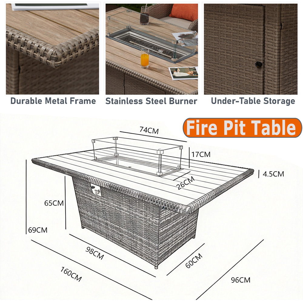 Furniture One 6 Seater Rattan Rectangular Fire Pit Table Image 7