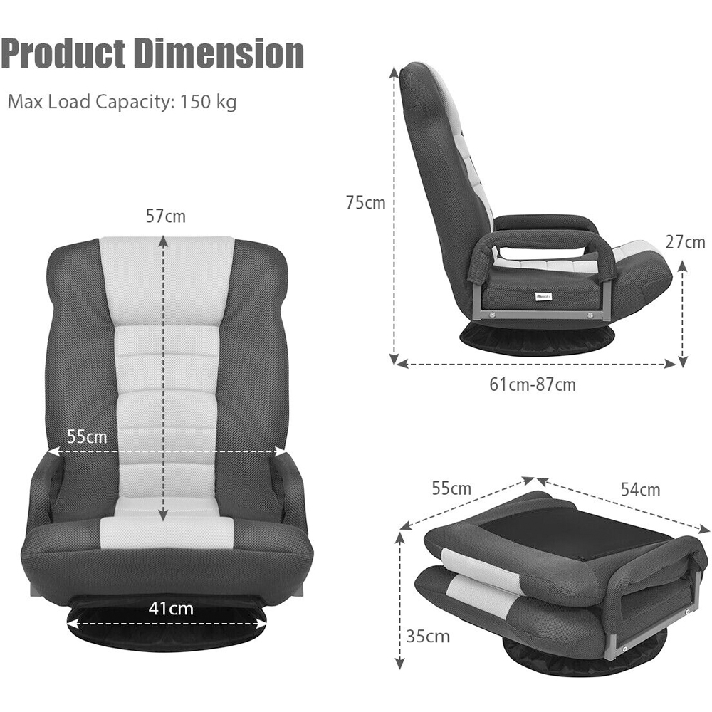 Costway Grey Swivel Gaming Chair with Adjustable Backrest Image 9