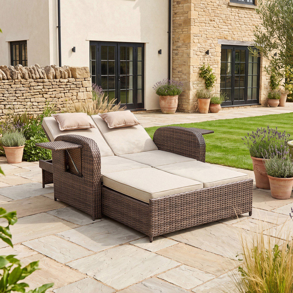 Artemis Home Whitmore Brown and Cream Rattan Reclining Outdoor Sofa Bed with Side Shelves Image 3