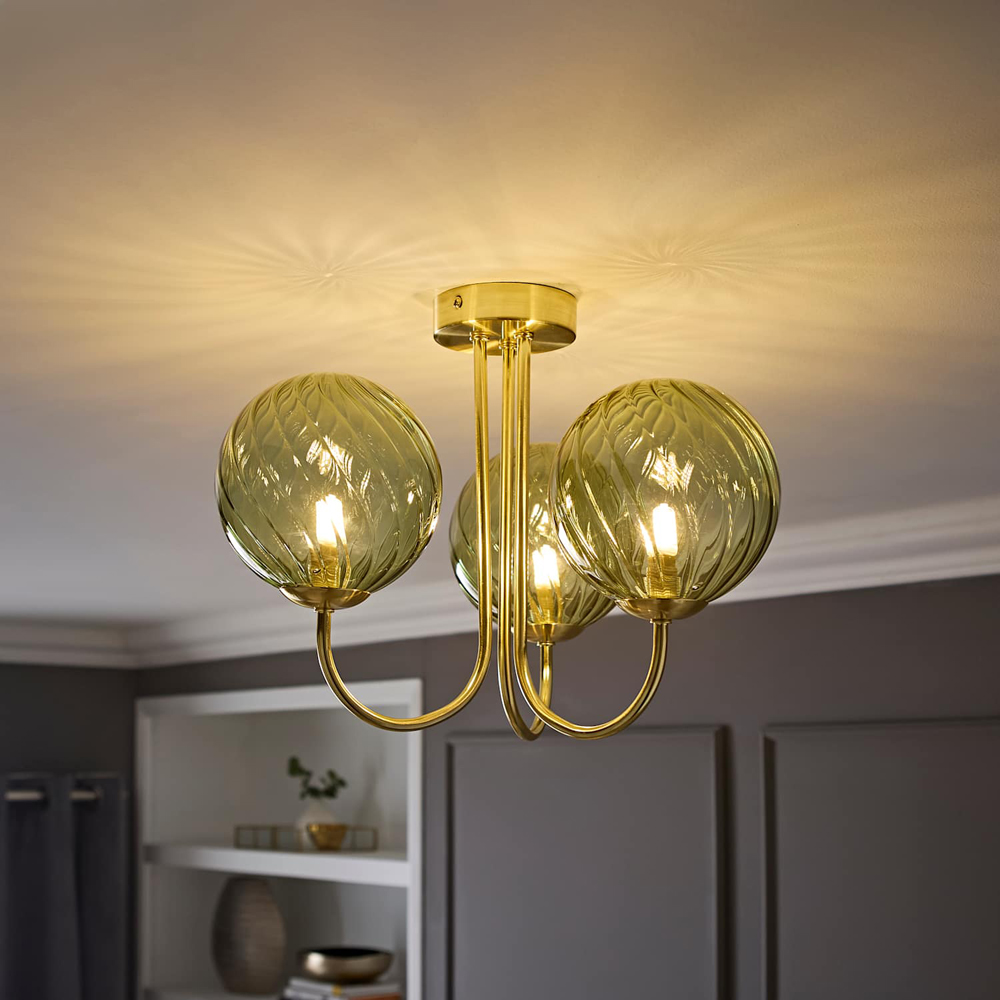 ValueLights Sydney Brushed Gold 3-Arm Chandelier with Glass Shade and Bulb Image 6