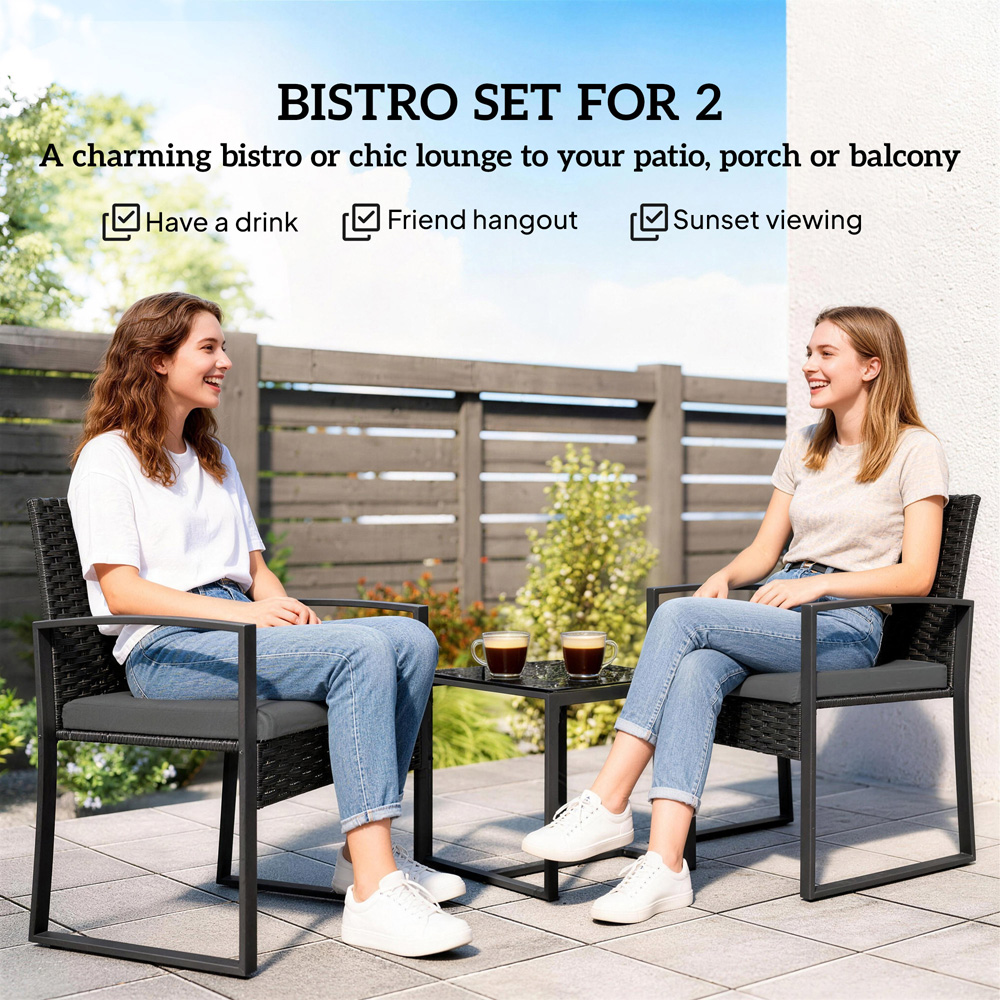Outsunny 2 Seater Dark Grey PE Rattan Bistro Set with Cushion Image 8