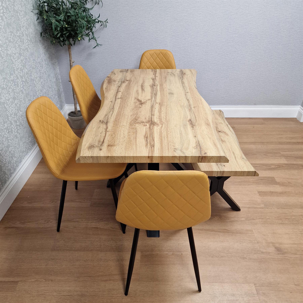 Portland 6 Seater Gem Pattern Wooden Tabletop Dining Bench Set Mustard Image 4