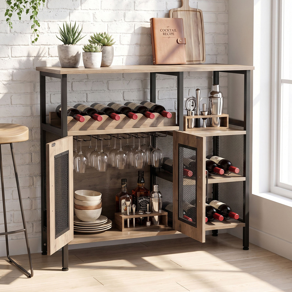 Living and Home 2 Door 3 Shelf Retro Grey Bar Cabinet with 5 Bottle Wine Rack Image 7