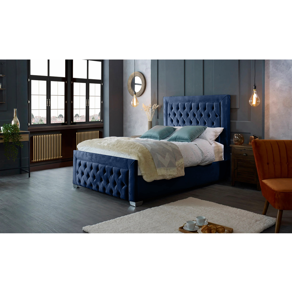 Eleganza Home Gelson Super King Size Blue Plush Velvet Bed Frame with Chesterfield Headboard Image 4