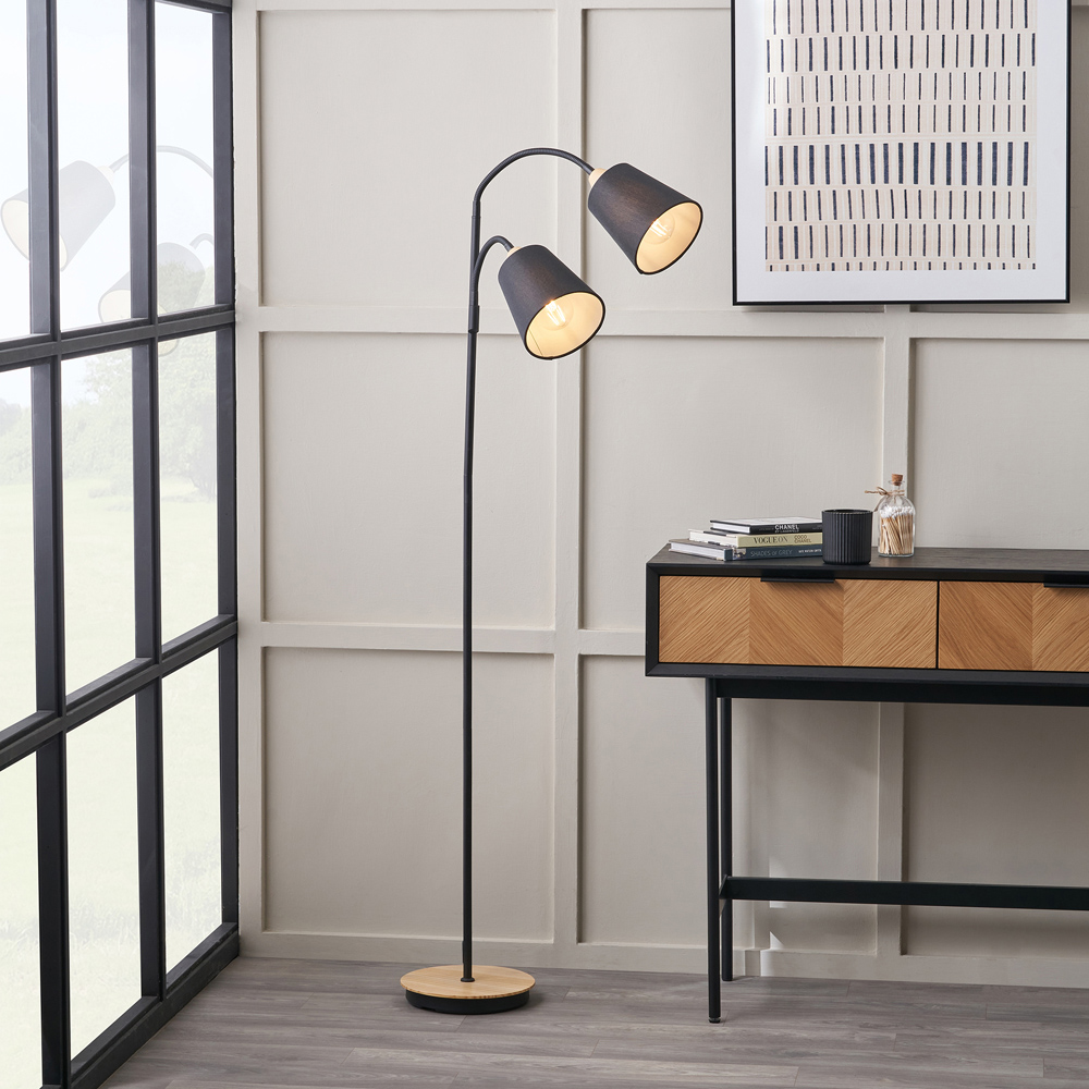 Pacific Lifestyle Juna 2 Way Black Metal and Natural Wood Floor Lamp Image 2