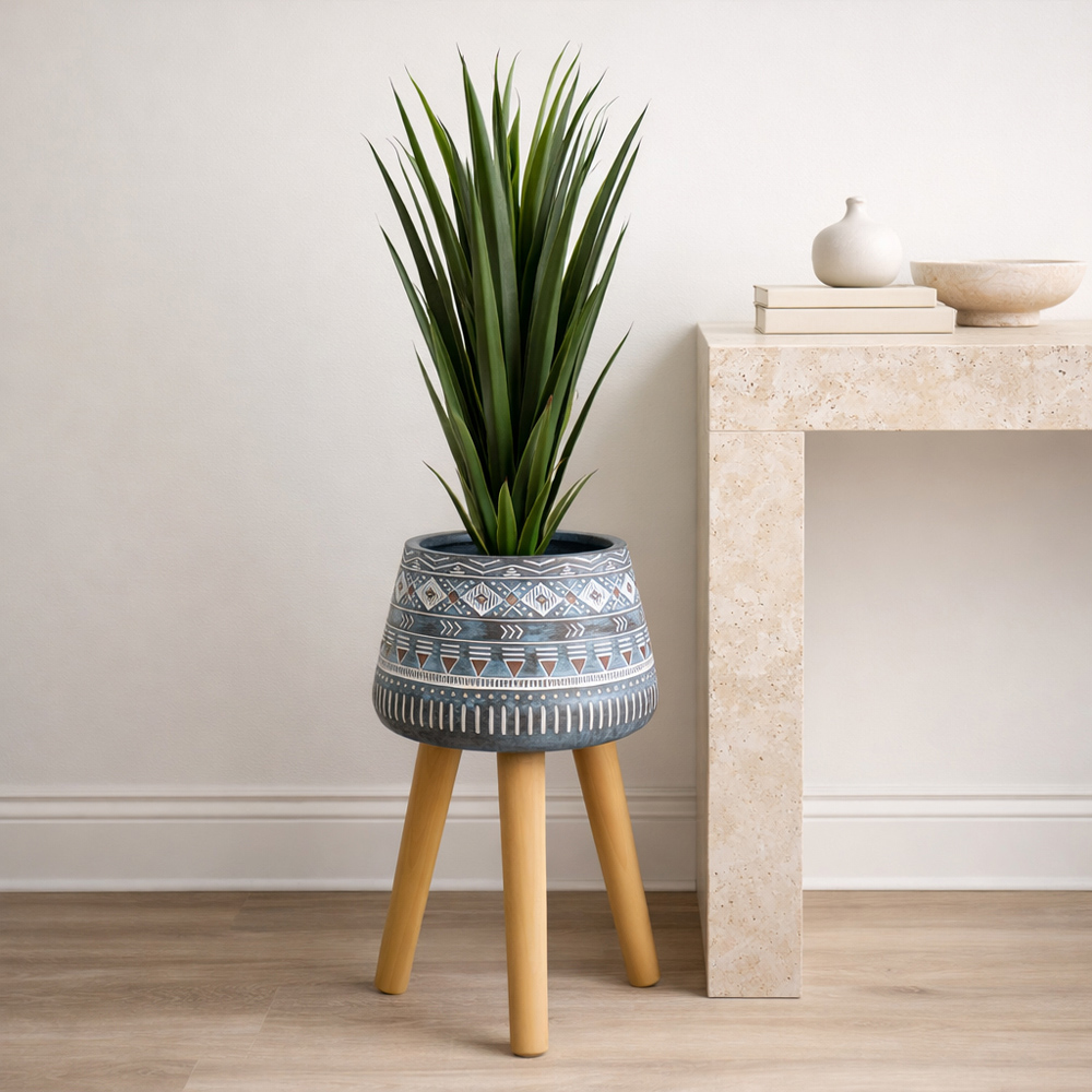 Leaf Aztec Blue Fibreglass Composite Indoor Planter with Legs 44 x 26cm Image 2