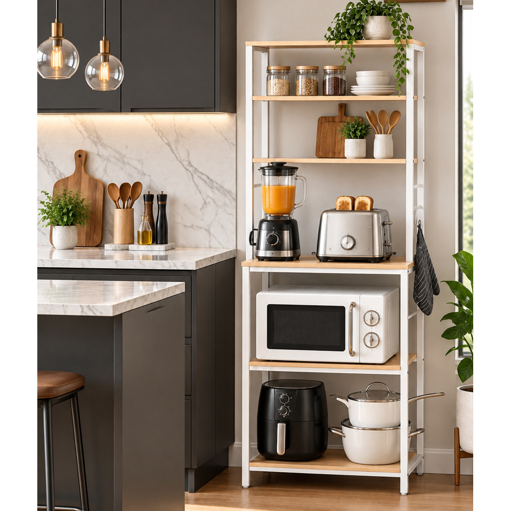 Modcraft 6 Shelf White Kitchen Storage Rack with 6 Hooks Image 4