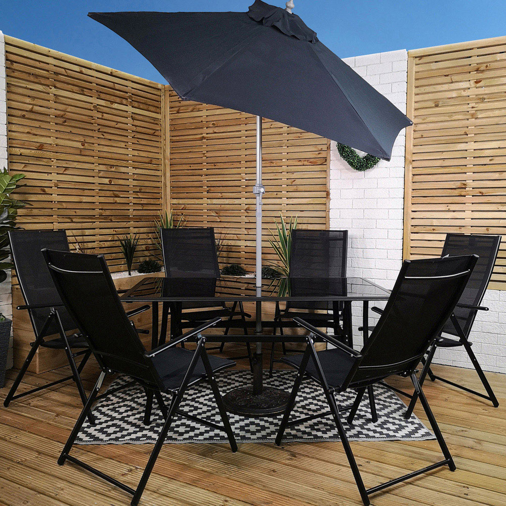 Samuel Alexander 6 Seater Rectangular Outdoor Recliner Dining Set with Black Parasol Image 7