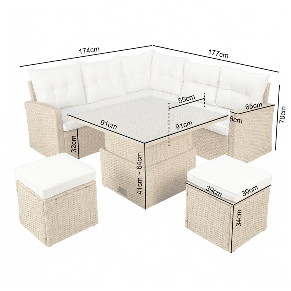 HGD St. Tropez 6 Seater Natural and White Garden Corner Sofa with Rising Table Image 9