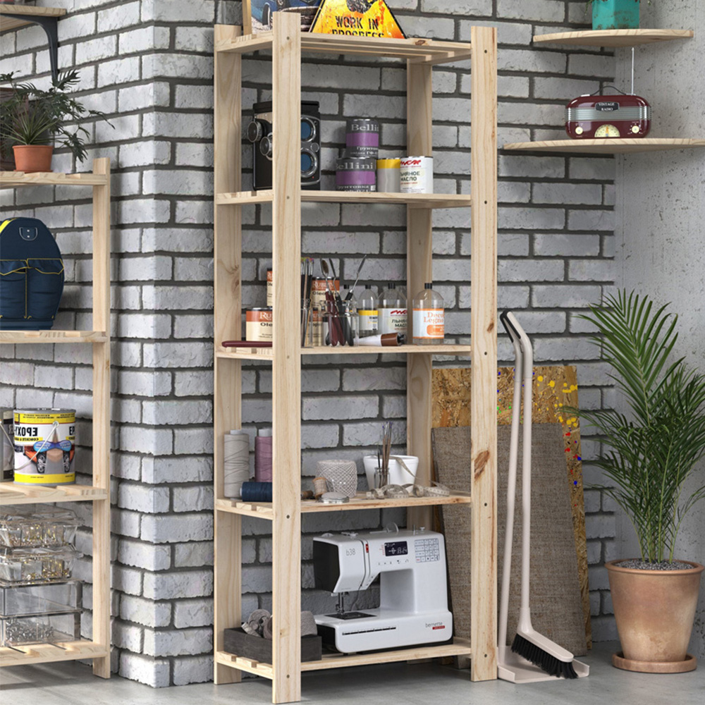 Leighton 5 Shelf Natural Wood Narrow Slatted Storage Unit Image 1