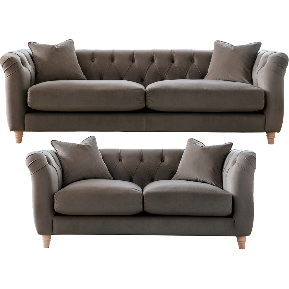Elsie Chesterfield 5 Seater Mushroom Plush Velvet Sofa Suite Image 2