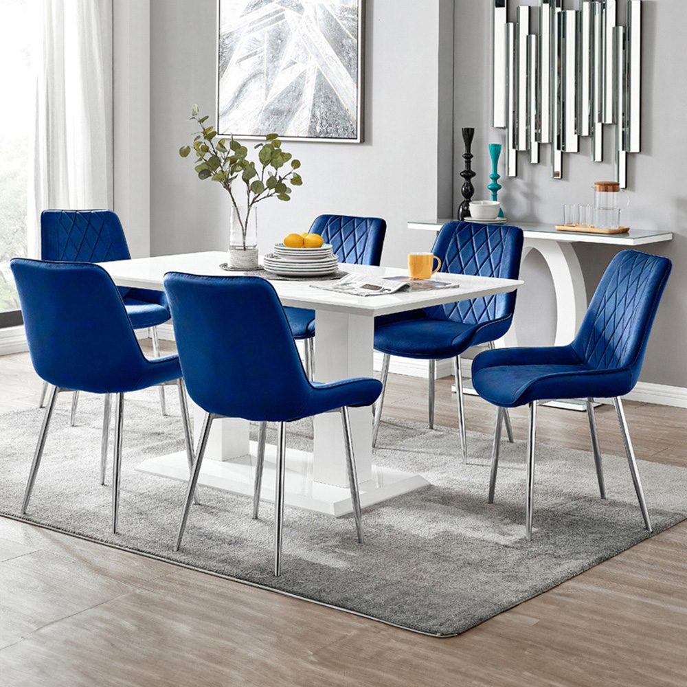 Furniturebox Molini Cesano 6 Seater Dining Set White Gloss Navy and Gold Image 1