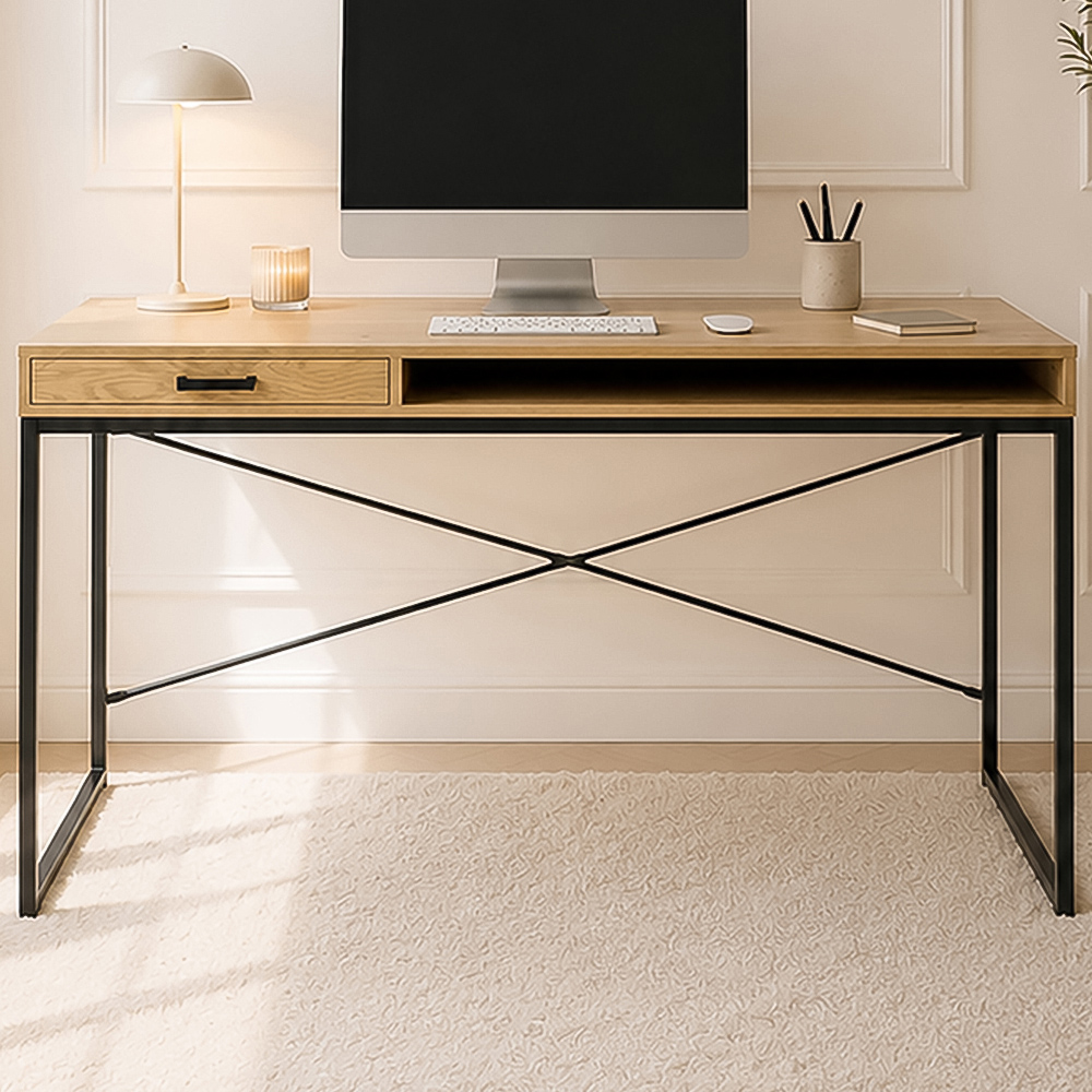 Florence Seaford Single Drawer Single Shelf Office Desk Black and Oak Image 1