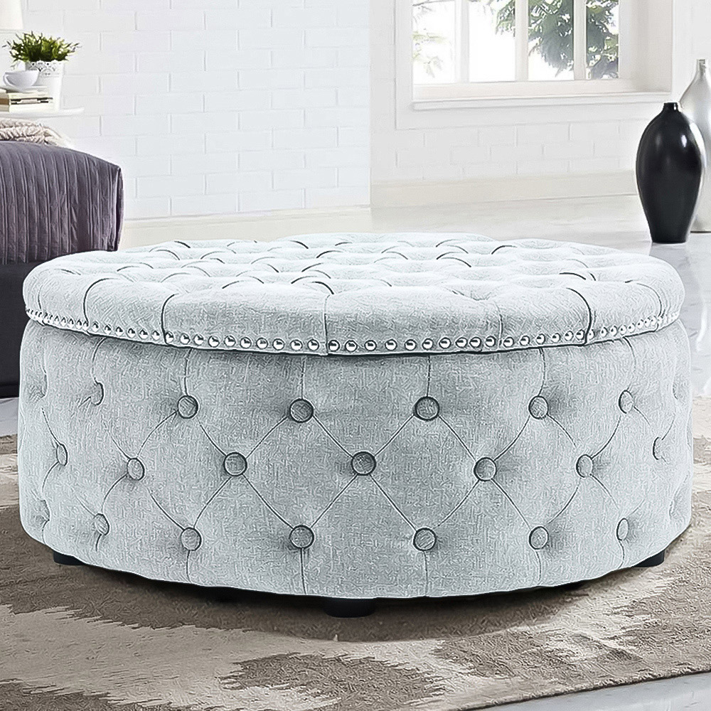 Living and Home Grey White Linen Round Buttoned Ottoman with Studded Edge Image 1