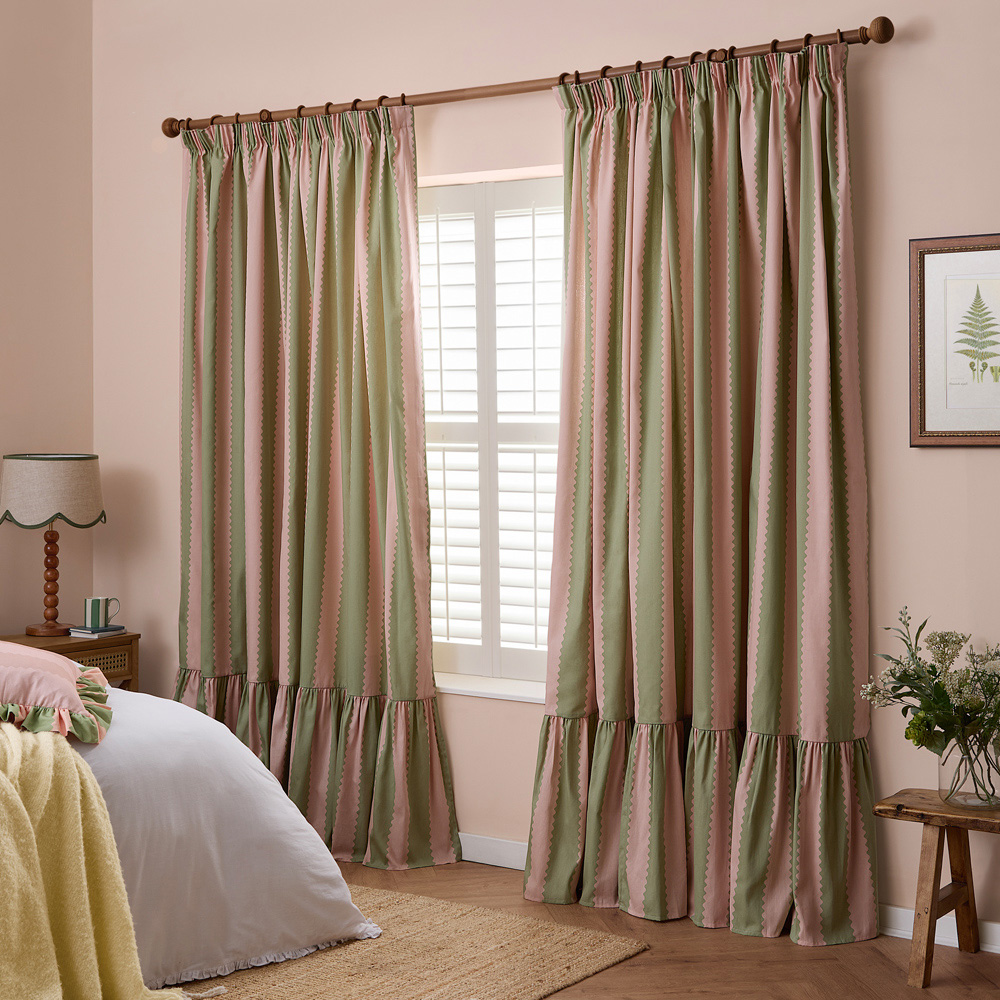 Furn Birdie Pink and Green Stripe Cotton Fully Lined Pencil Pleat Curtains 229 x 137cm Image 1