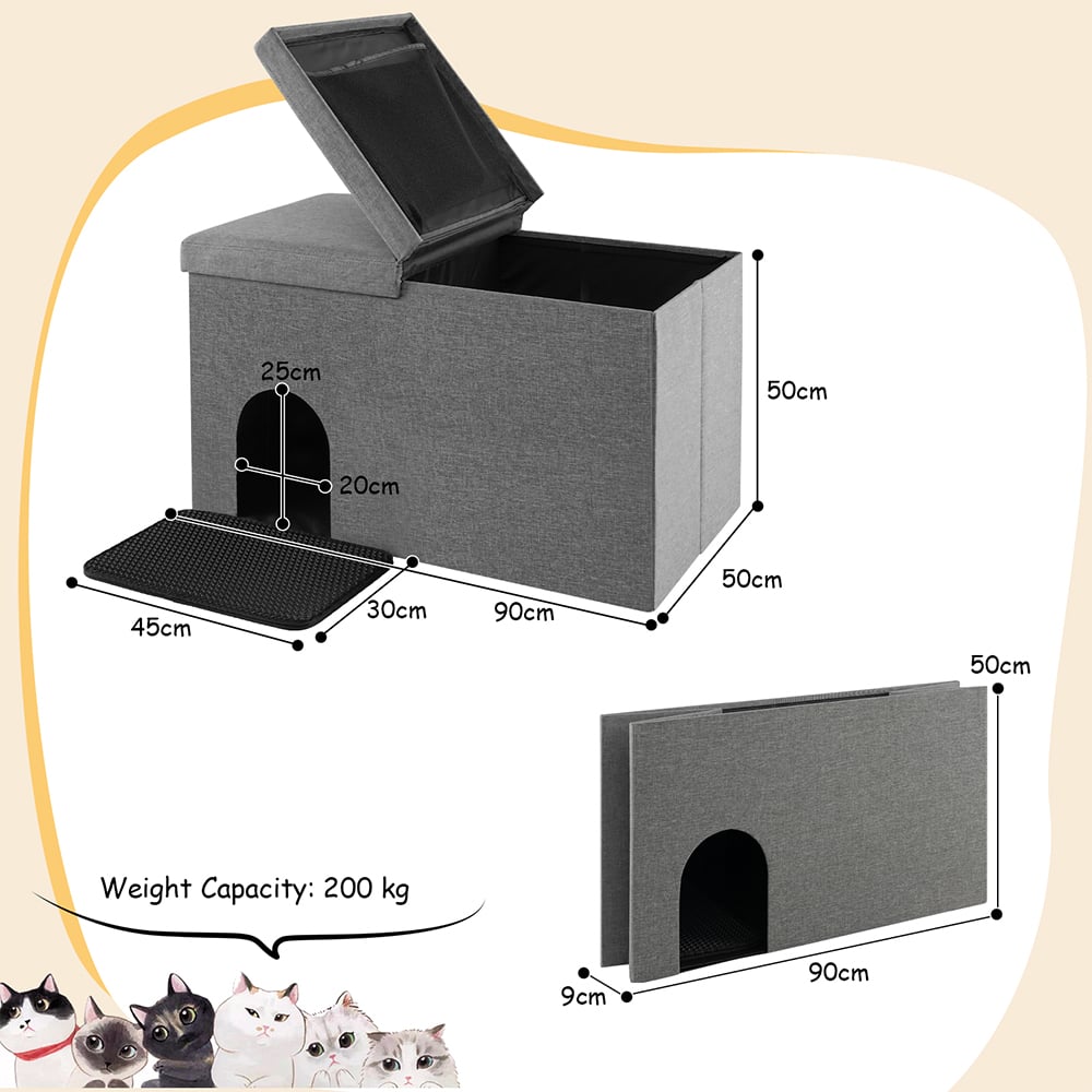 Costway 3 in 1 Grey Hidden Cat Washroom Ottoman Shoe Bench Image 9