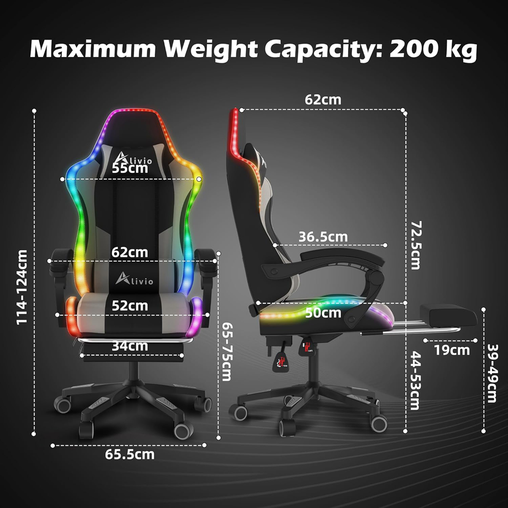 Alivio Grey PU Leather Wireless App Control LED Gaming Chair with Massage Lumbar Cushion Image 9