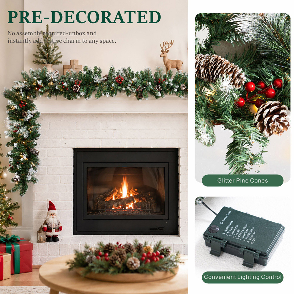 Abrihome 50 Warm White LED Snow-Dusted Artificial Christmas Garland with Pinecones and Berries 270cm Image 5