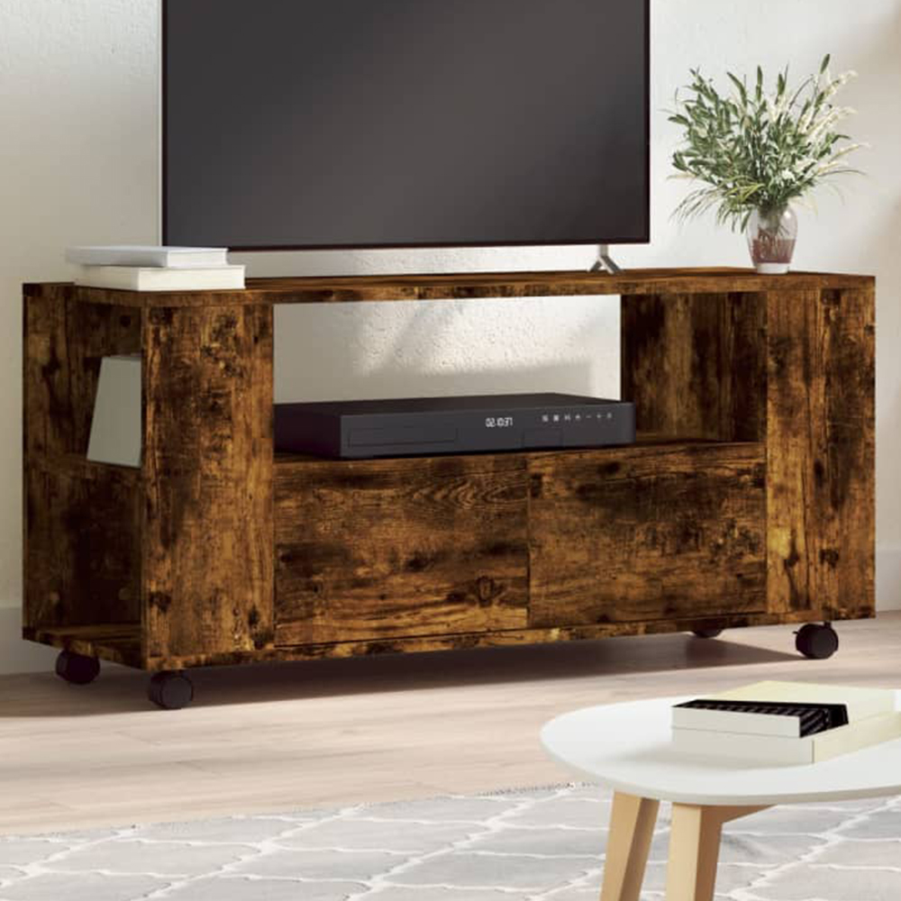 vidaXL 2 Drawer Single Open Shelf Smoked Oak TV Cabinet with Wheels Image 1