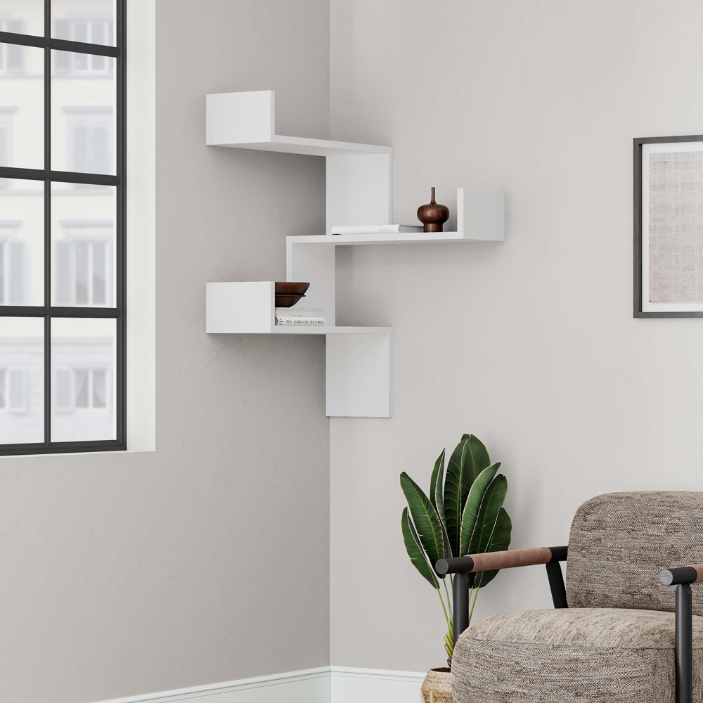 Decortie Luksa 3 Shelf White Corner Wall Mounted Bookcase Image 3