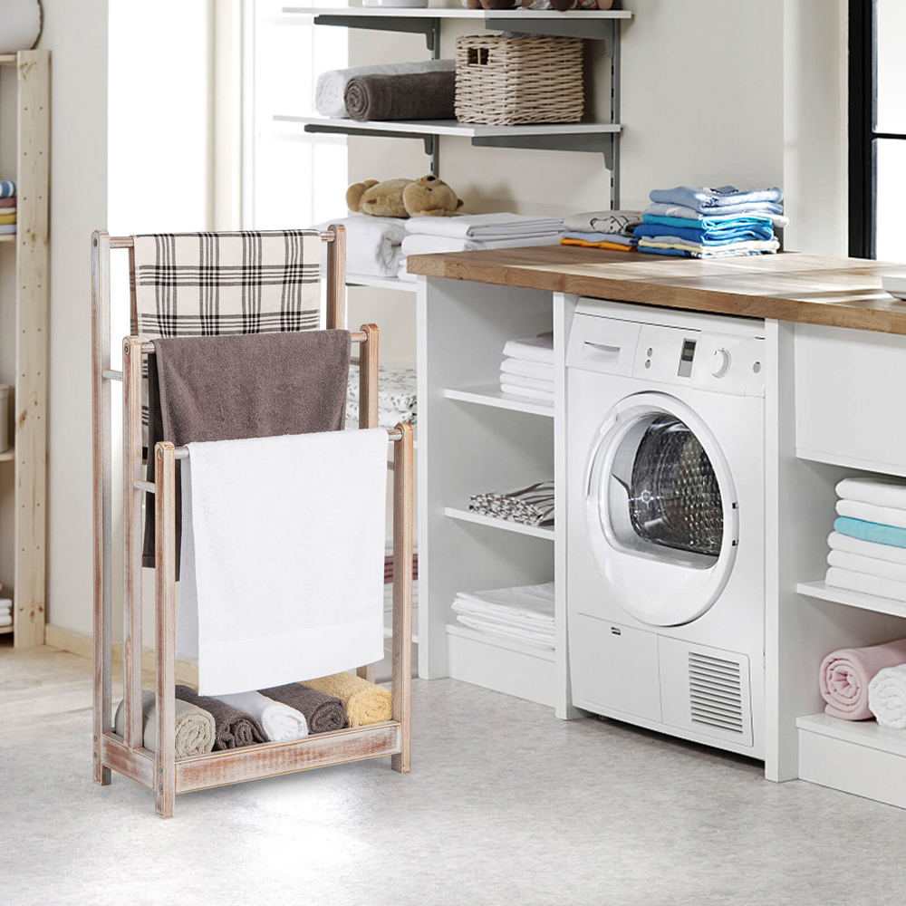 Costway 3 Tier White Wood Freestanding Towel Rack with Shelf Image 2