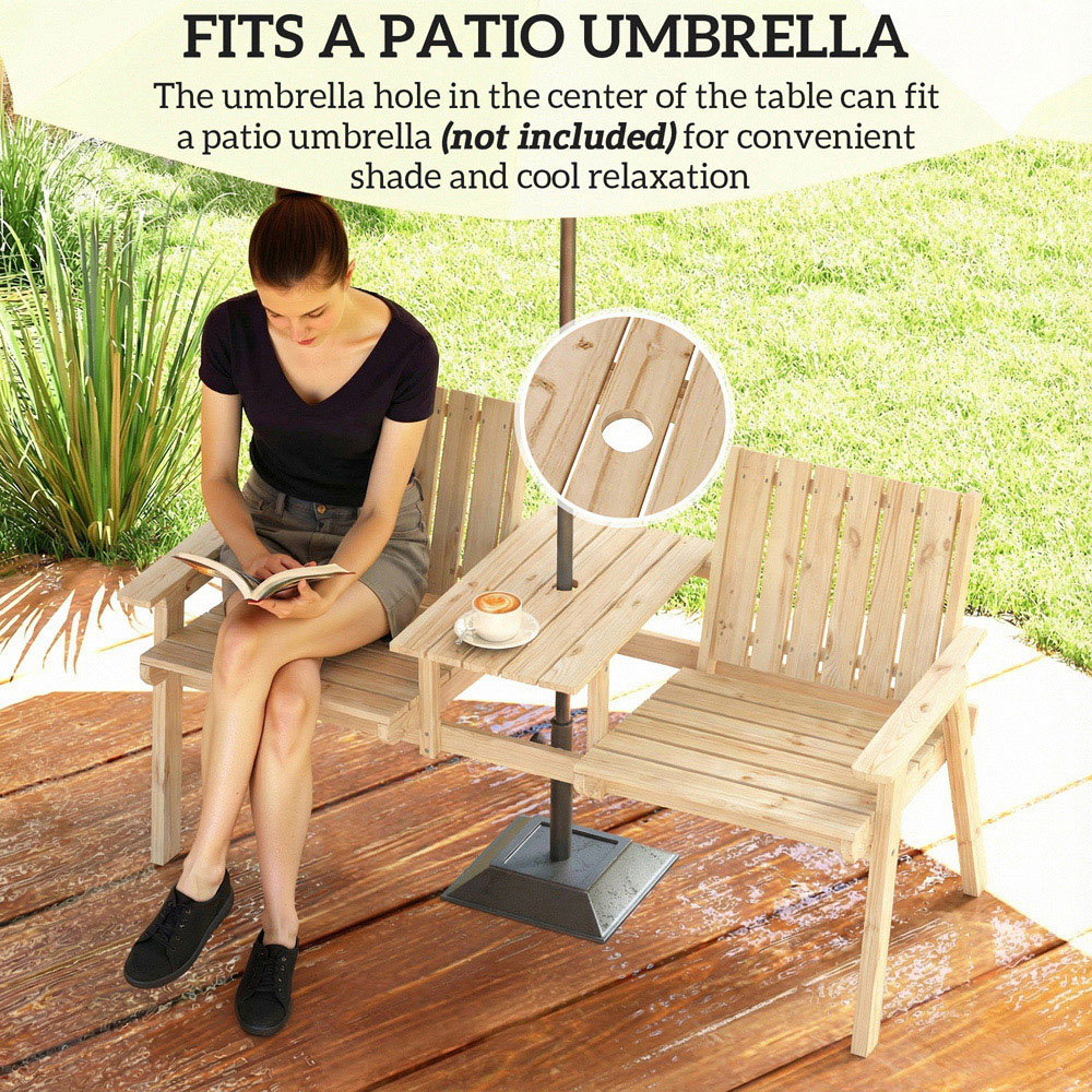 Outsunny 2 Seater Natural Wooden Garden Loveseat with Centre Table and Parasol Hole Image 4
