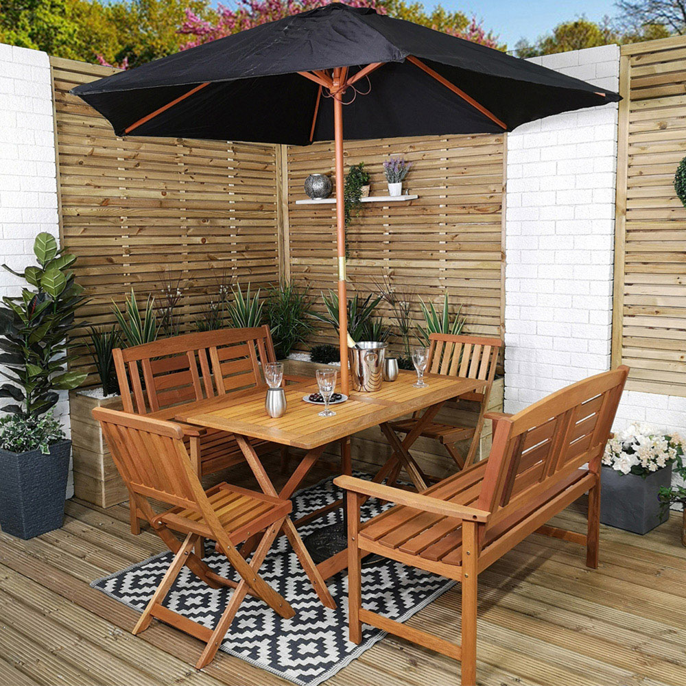Samuel Alexander Wooden 6 Seater Folding Rectangular Garden Dining Bench Set with Black Parasol Image 1