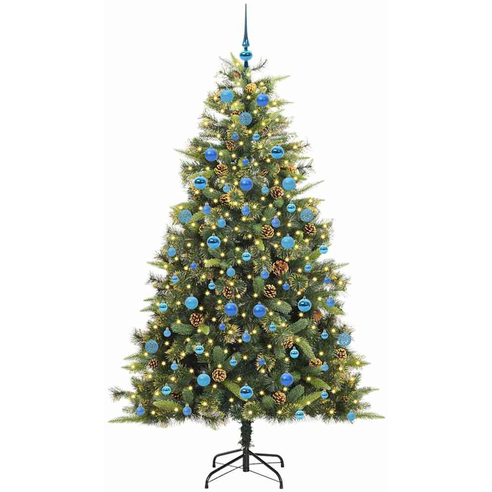 vidaXL Pre-Lit Blue Baubles and Pinecones Green Artificial Christmas Tree 7ft Image 1