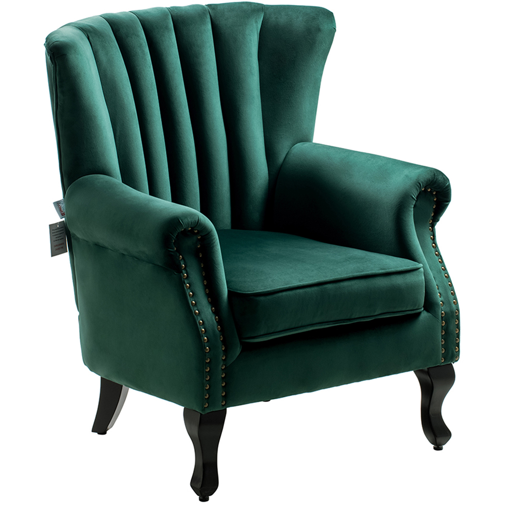 Living and Home Vintage Green Velvet Wingback Armchair with Studs Image 2
