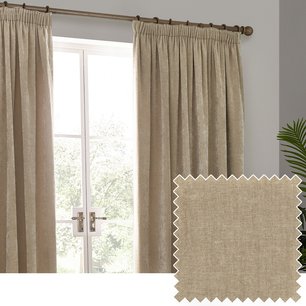 Yard Heavy Natural Chenille Velvet Pencil Pleat Curtains 117 x 137cm Image 4