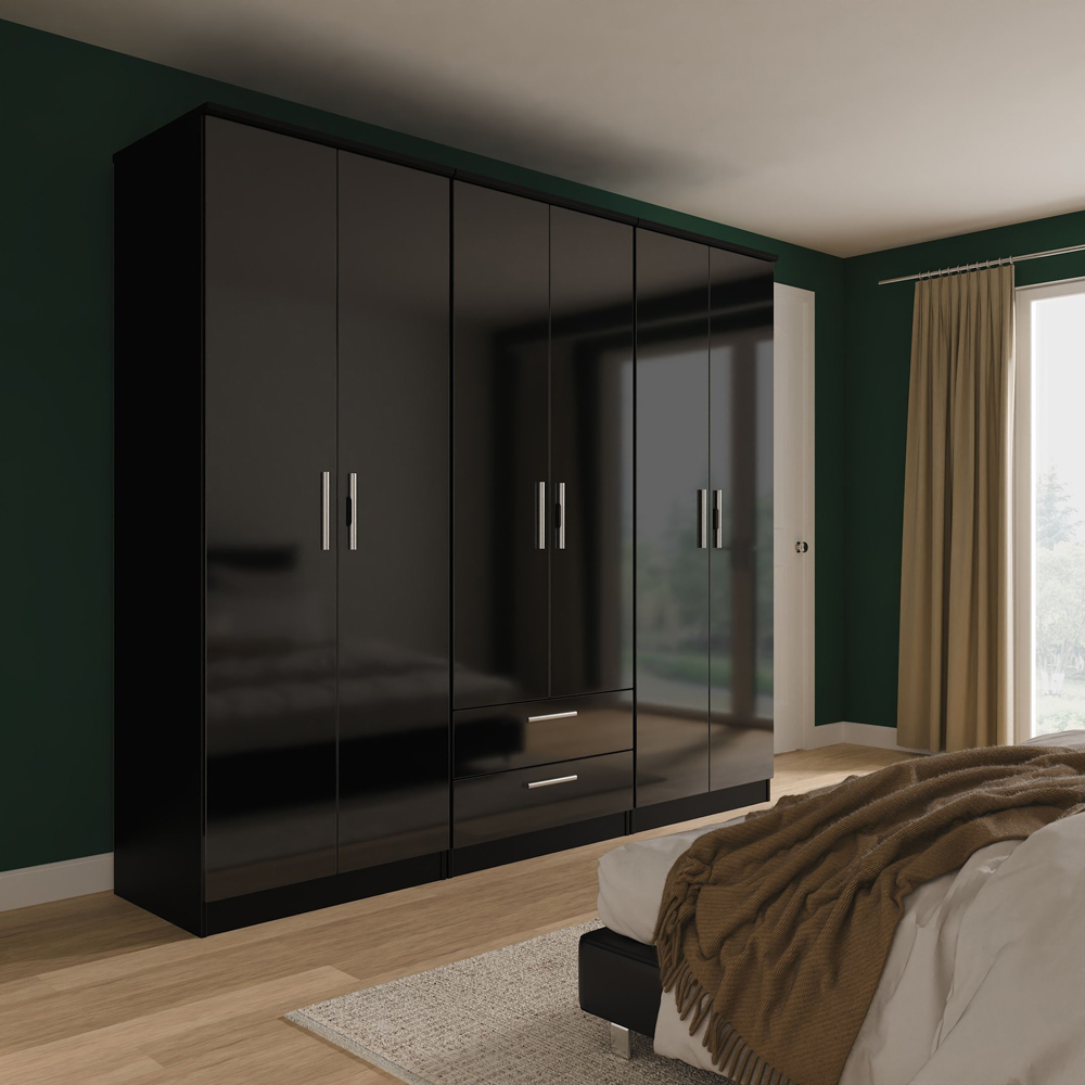 Crowndale Knightsbridge 6 Door 2 Drawer Black Gloss and Black Tall Wardrobe Ready Assembled Image 9