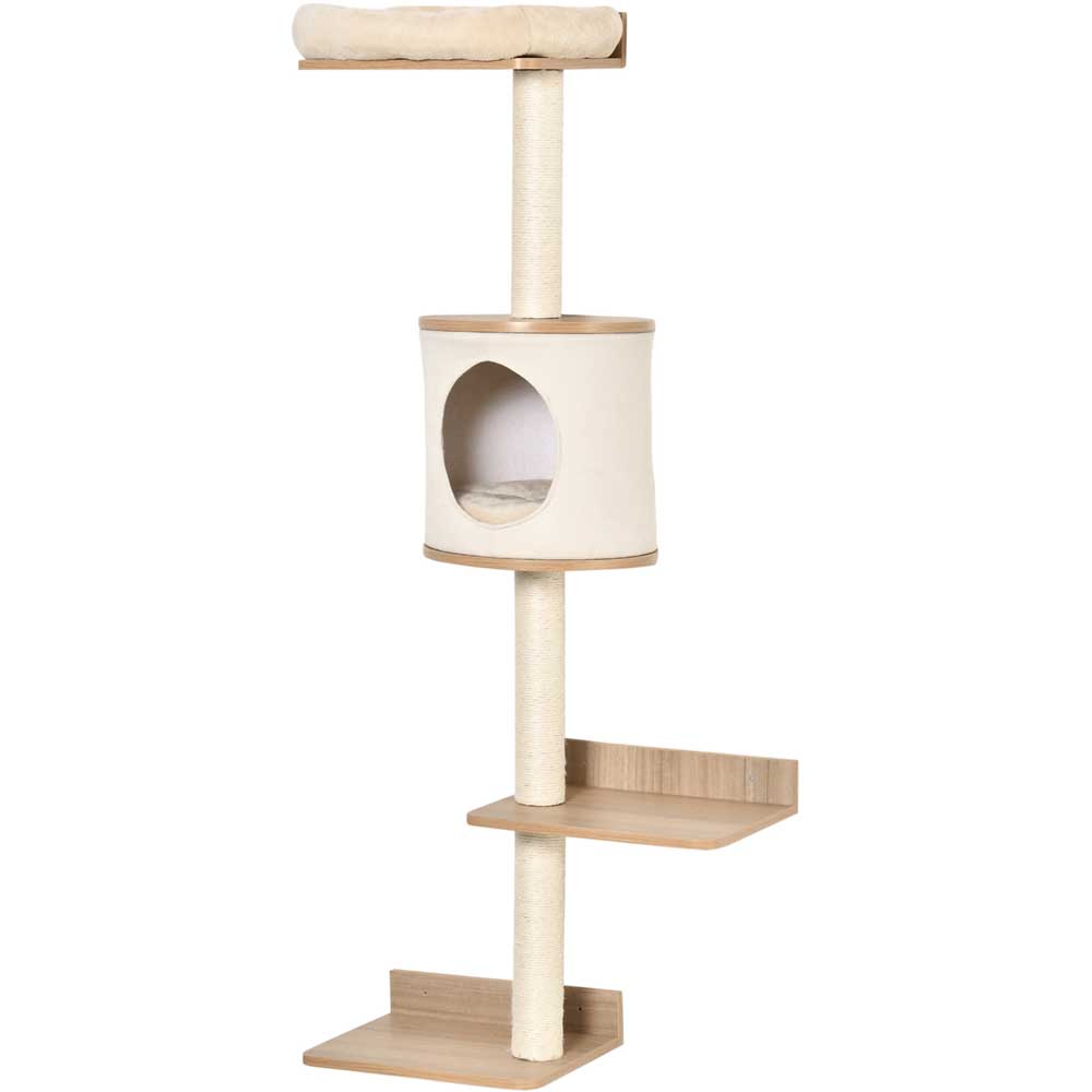 PawHut Wall-Mounted Cat Tree Shelter w/ Cat House, Bed, Scratching Post - Beige Image 1
