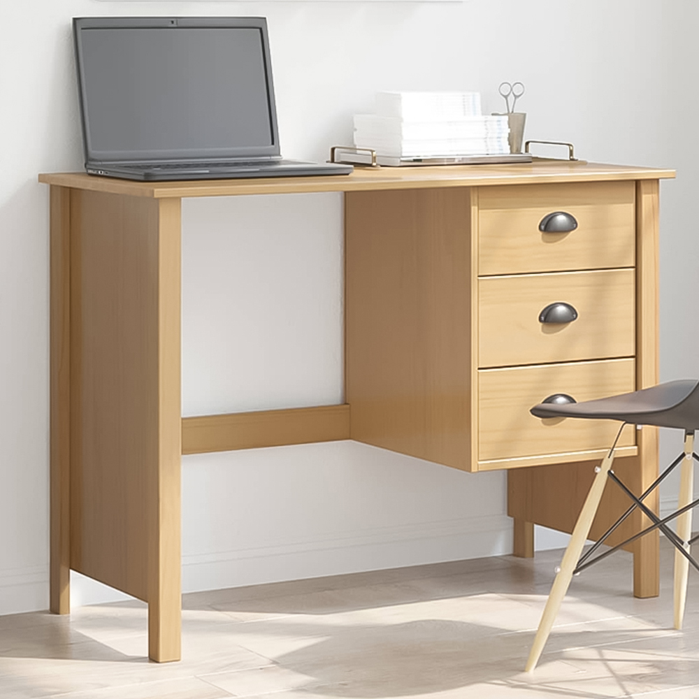 vidaXL Hill 3 Drawer Compact Pine Wood Home Desk Brown Image 1