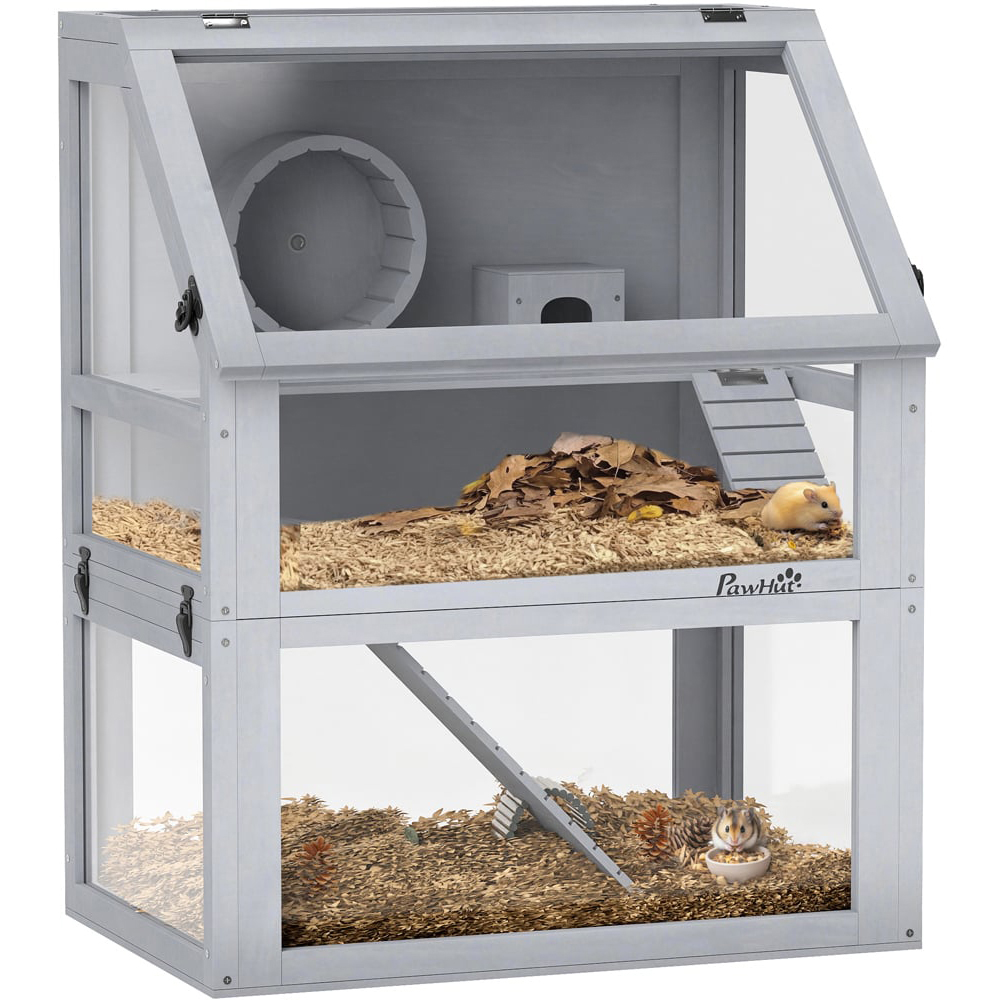 PawHut Light Grey Wooden Hamster Cage with Detachable Bottom Image 3
