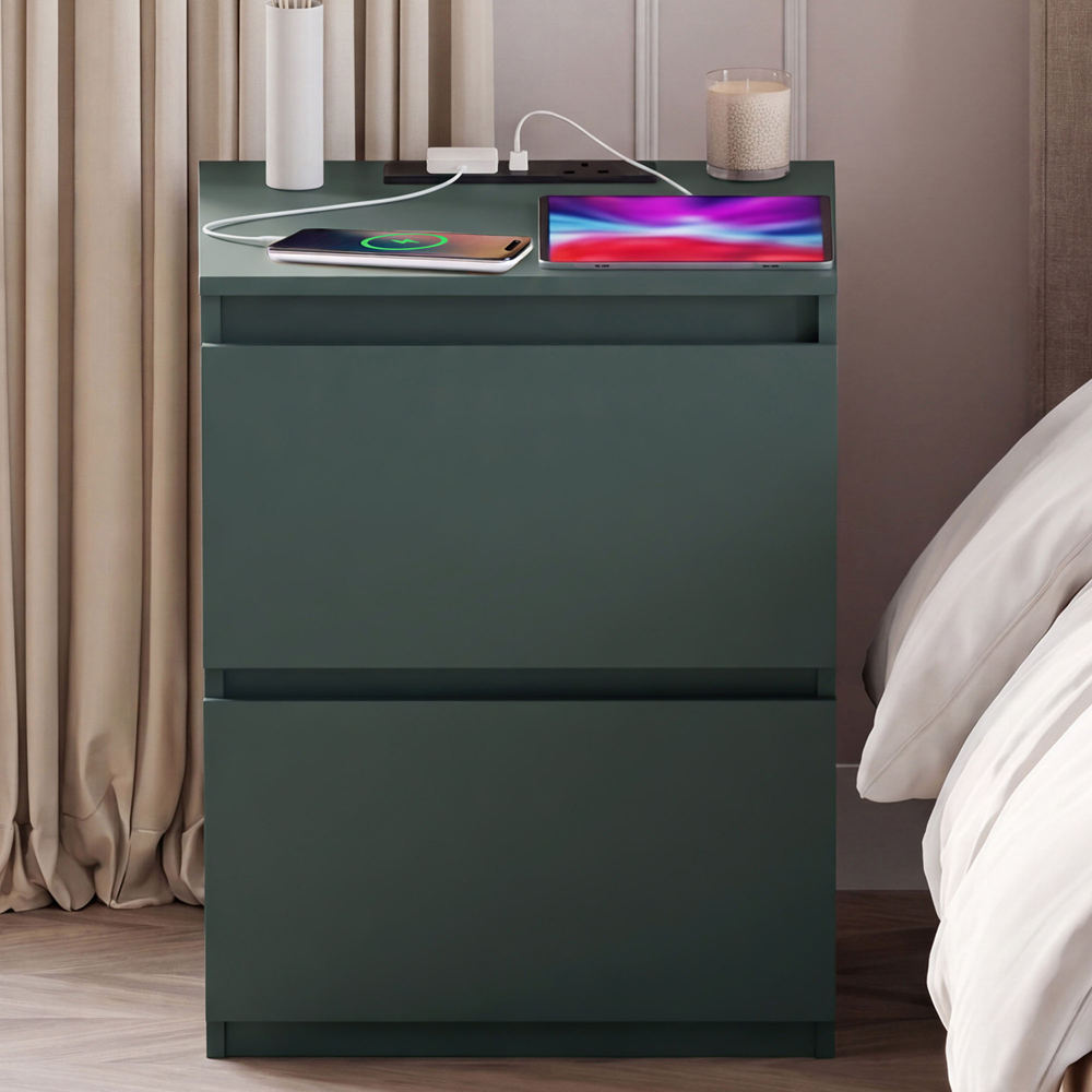 VIDA DESIGNS Denver 2 Drawer Green Large Bedside Chest with Power Outlet Image 3