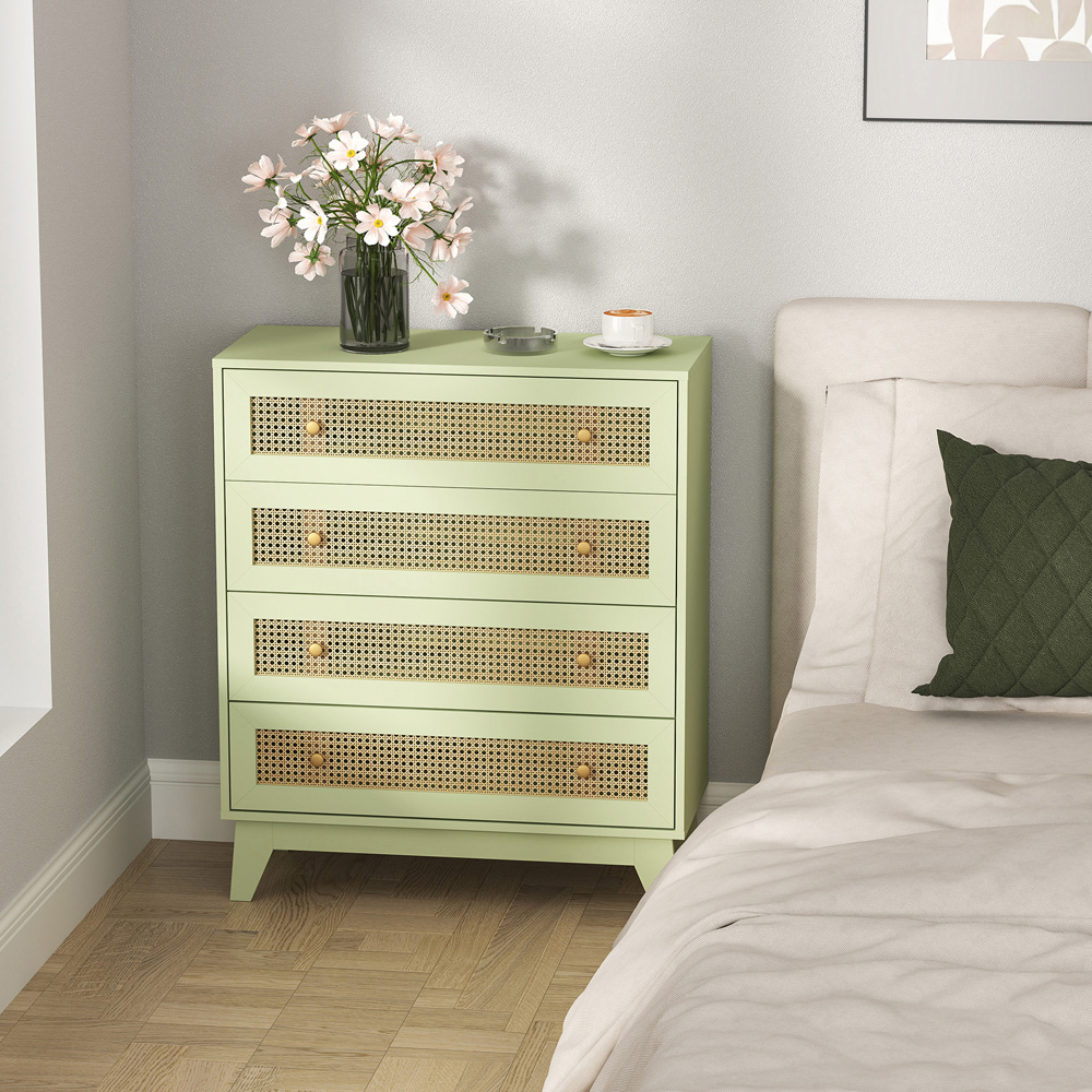 HOMCOM 4 Drawer Light Green Rattan Chest of Drawers Image 4