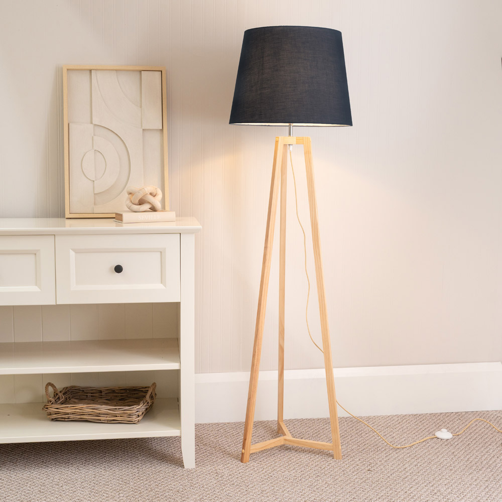 ValueLights Lottie Black Fabric Tapered Shade Natural Wood Tripod LED Floor Lamp Image 2