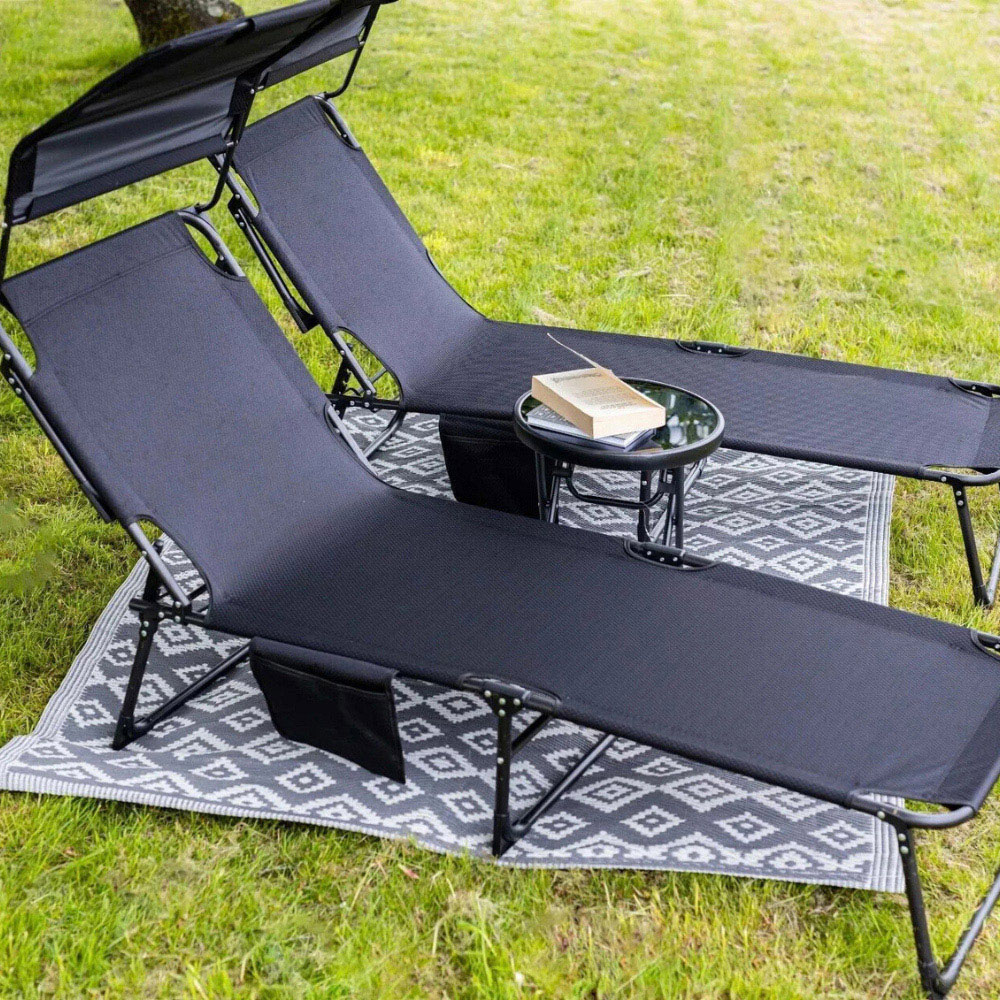 Garden Mile Set of 2 Black Foldable Recliner Sun Lounger with Sun Shade and Storage Bag Image 4