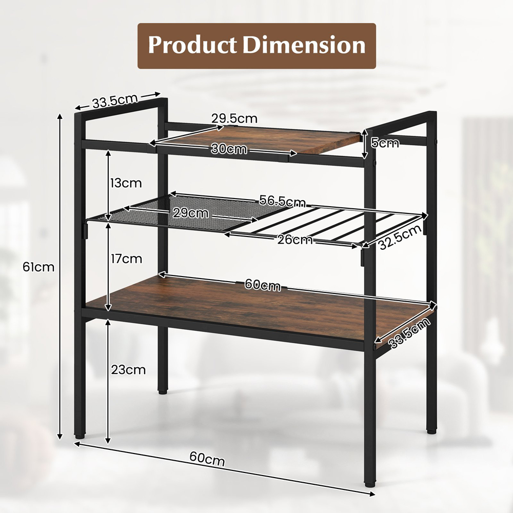 Costway 3 Shelf Rustic Brown Side Table with Removable Mesh Image 9
